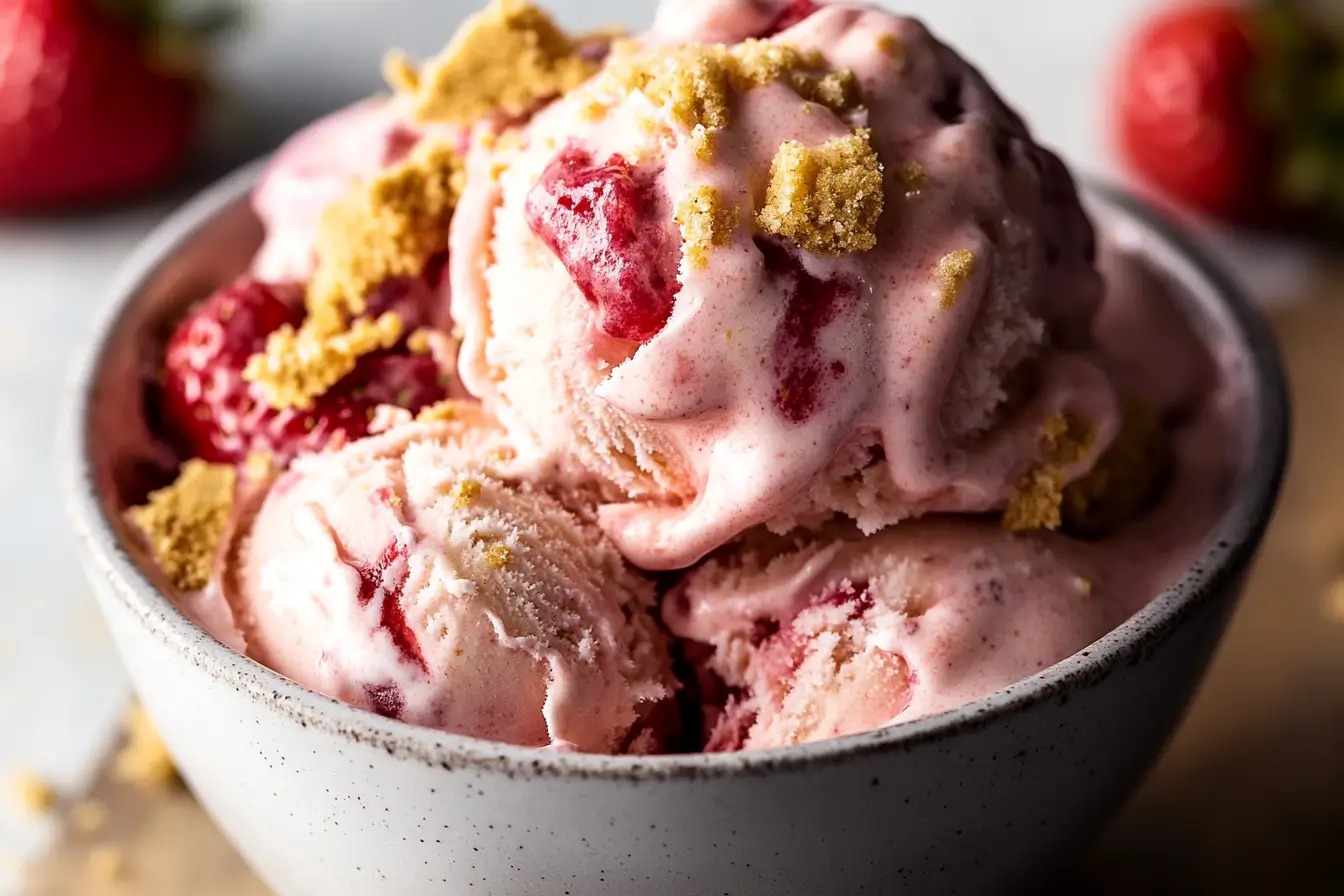 A close-up of a bowl of strawberry cheesecake ice cream with strawberry swirls and cheesecake chunks
