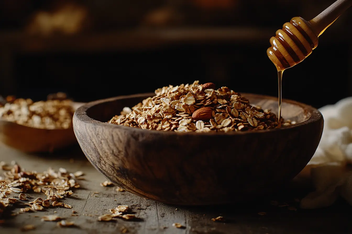 A bowl of crunchy homemade granola with oats and nuts
