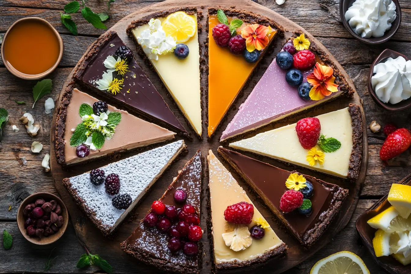 A colorful assortment of cheesecake slices featuring chocolate, vanilla, lemon-blueberry, and matcha flavors.