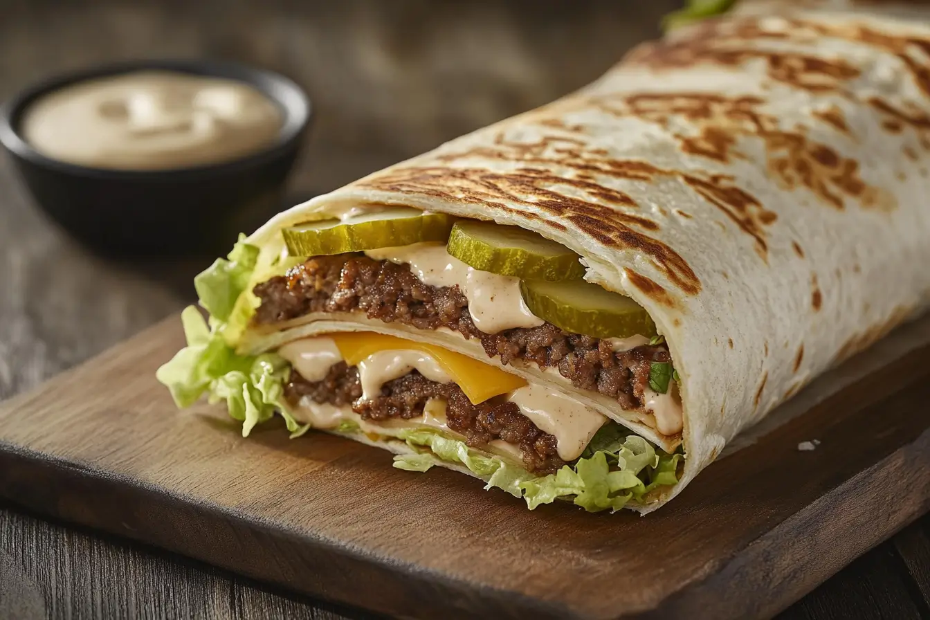Close-up of a sliced Big Mac Wrap with beef, cheese, lettuce, and sauce.