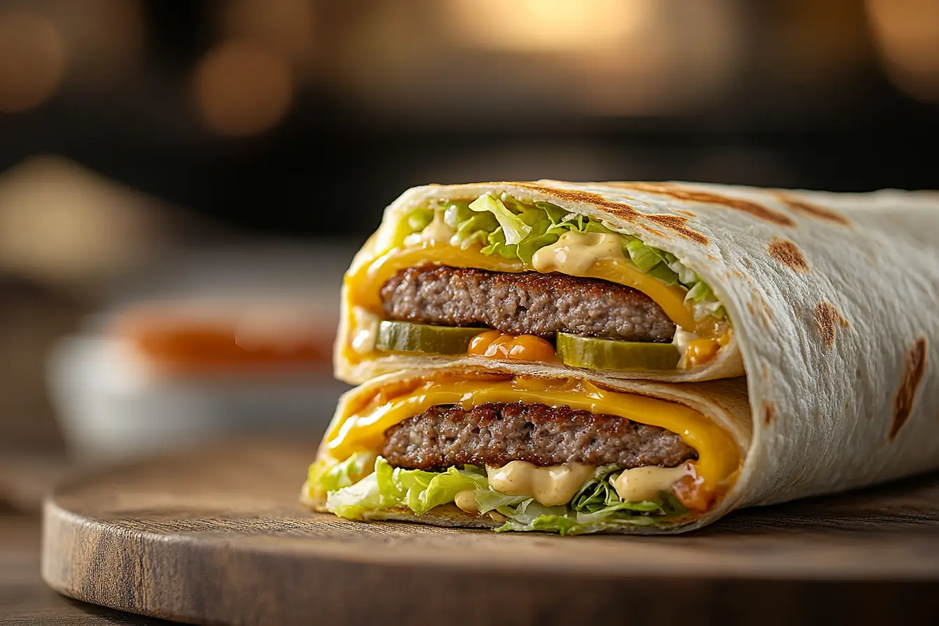 Big Mac Wrap layers with beef patty, lettuce, and sauce