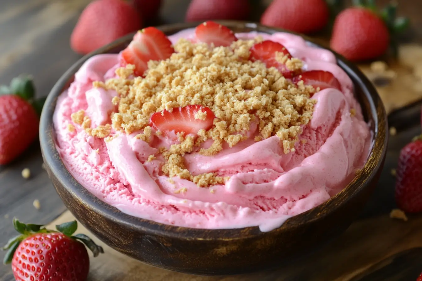 Bowl of strawberry cheesecake ice cream with fresh strawberries.