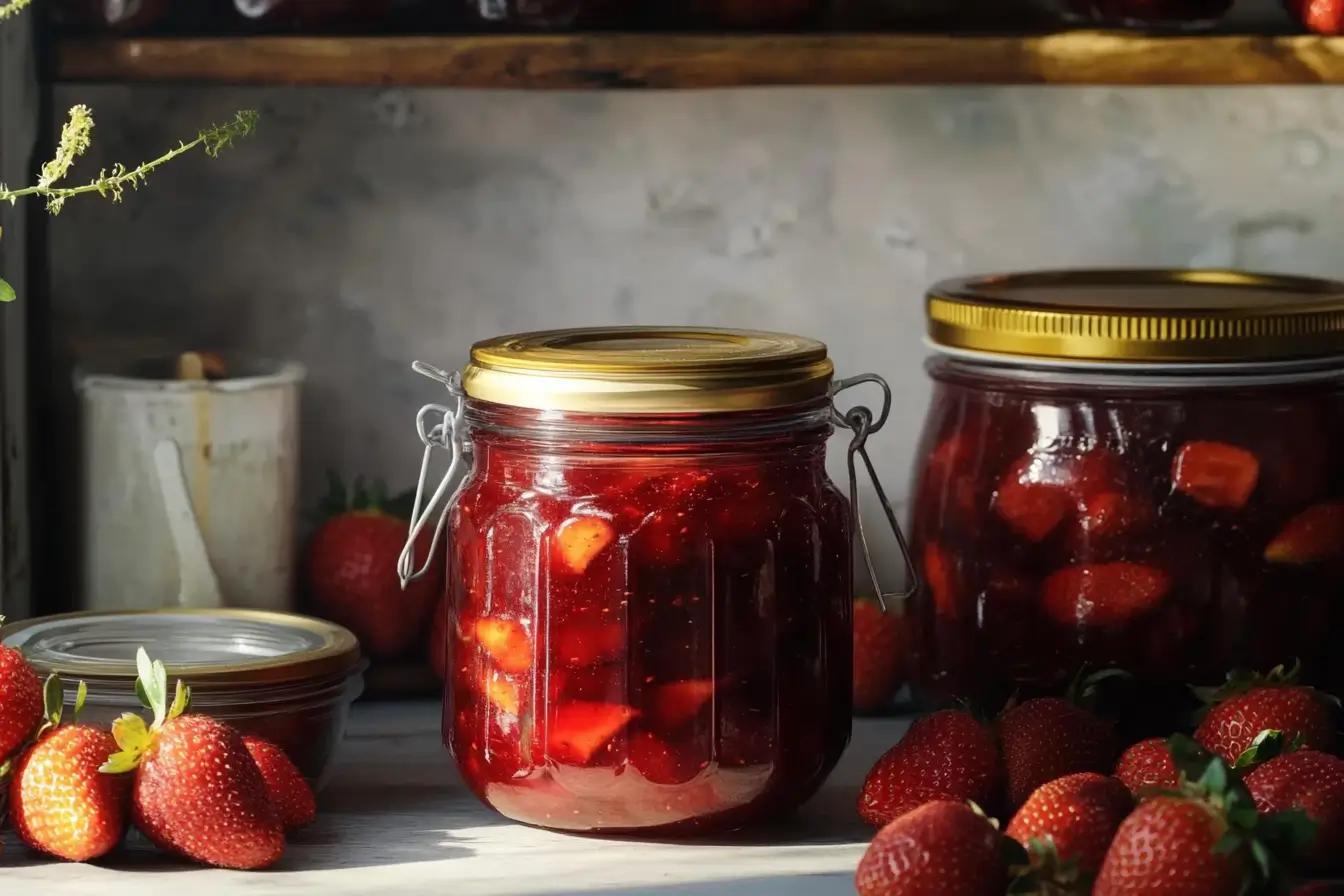 A jar of strawberry preserves surrounded by fresh strawberries and sugar on a rustic table.