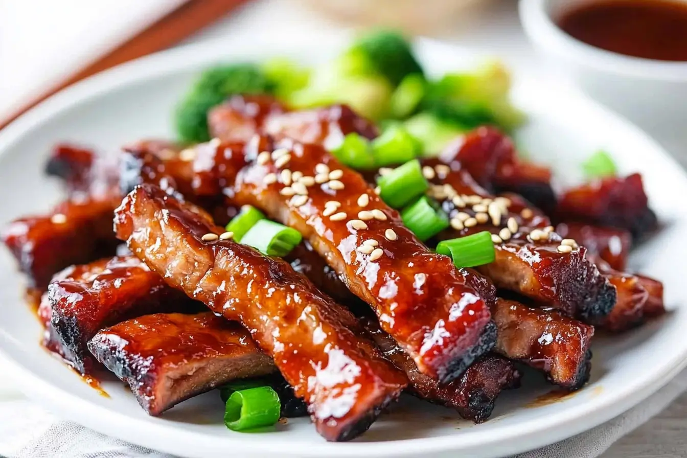 Caramelized Chinese boneless spare ribs on a white plate garnished with sesame seeds and green onions.