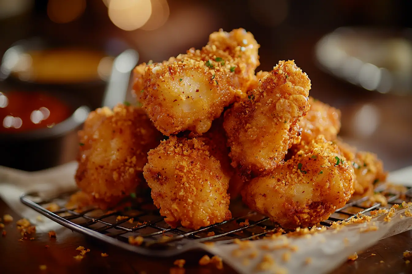 Golden crispy fried chicken pieces resting on parchment paper with seasoning.