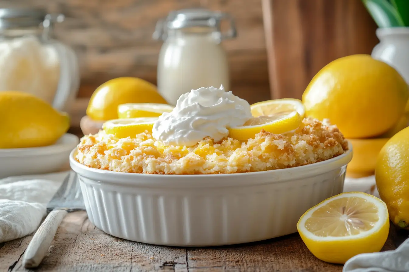 A freshly baked lemon dump cake with lemon slices and whipped cream.