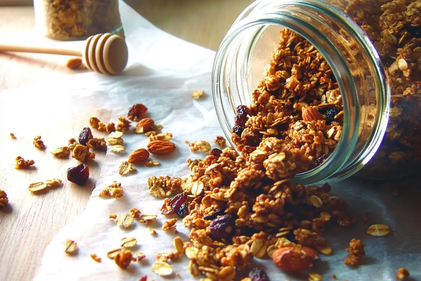 Rustic kitchen scene featuring homemade granola with oats, nuts, and dried fruits.