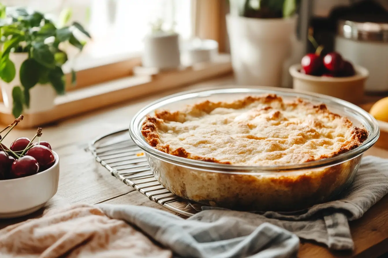 Freshly baked dump cake with golden crust in a baking dish
