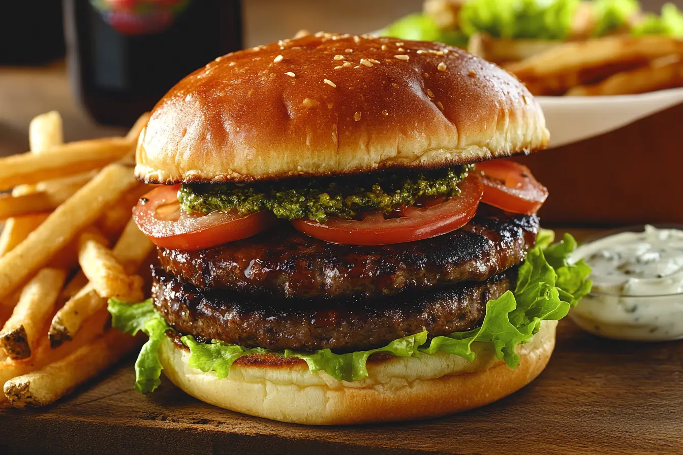 Gourmet burger with garlic aioli, BBQ, and pesto sauces.