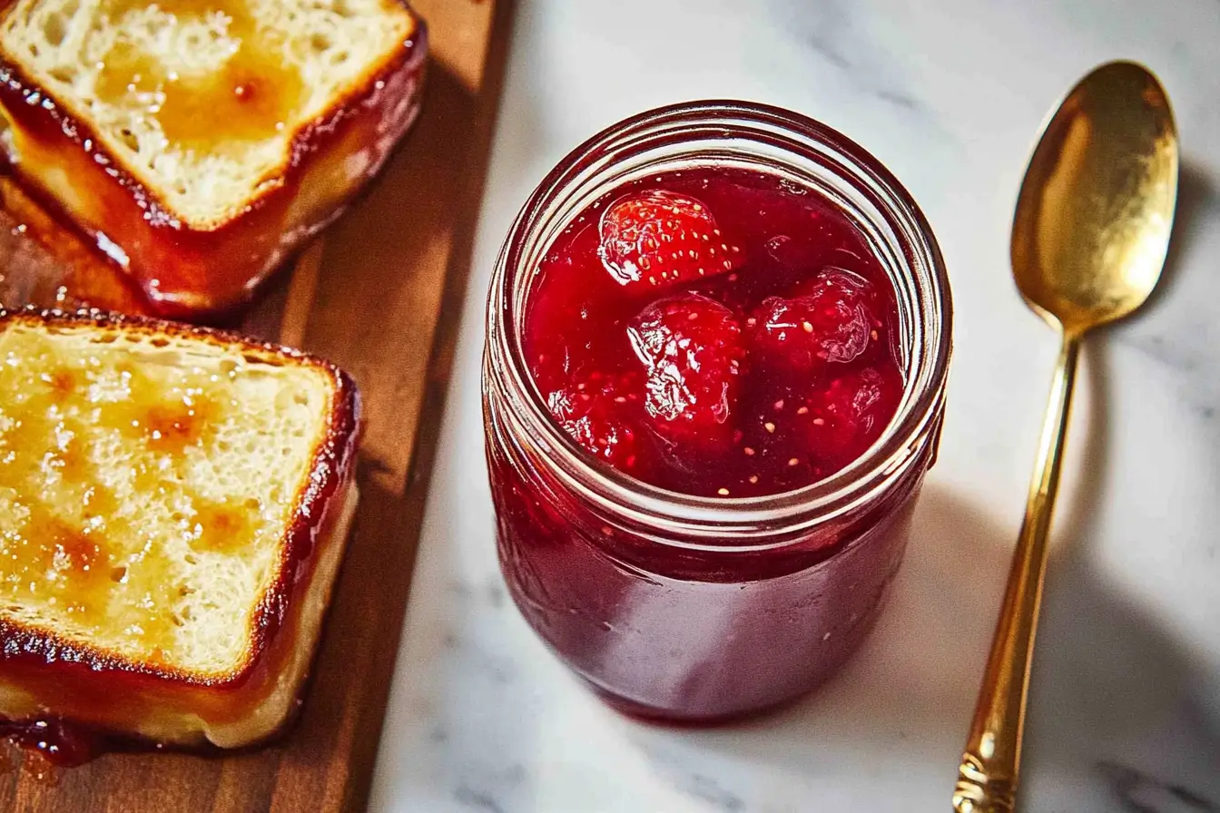A glass jar of homemade strawberry preserves with fresh strawberries, lemon, and sugar on a rustic wooden countertop.