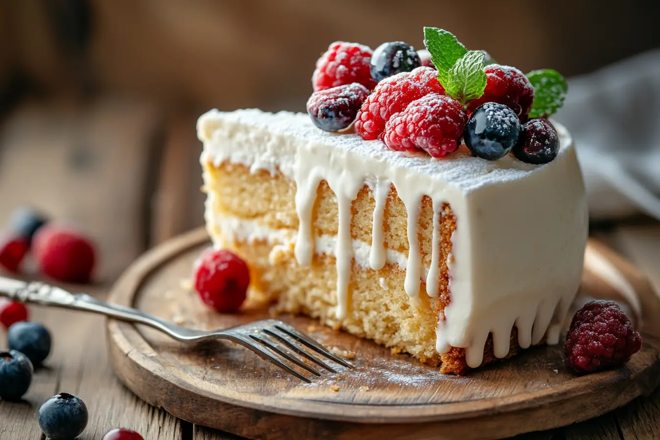 Perfectly soaked tres leches cake slice with moist layers and milk drizzle.