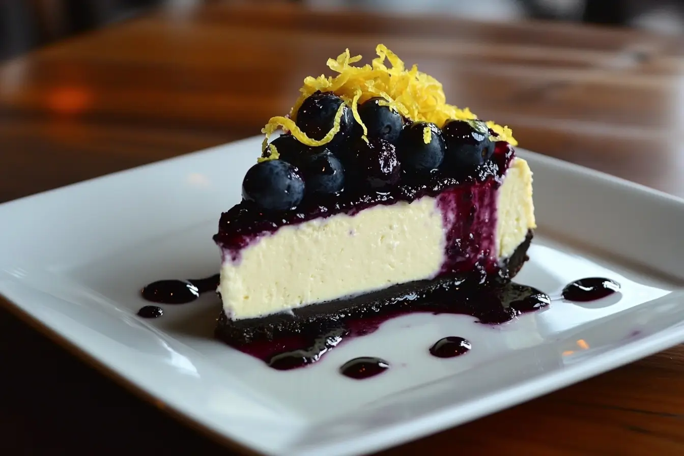 Slice of lemon blueberry cheesecake with fresh blueberries and lemon zest