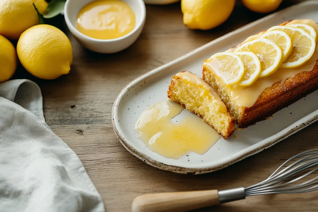 A lemon cake topped with lemon glaze, surrounded by fresh lemons.
