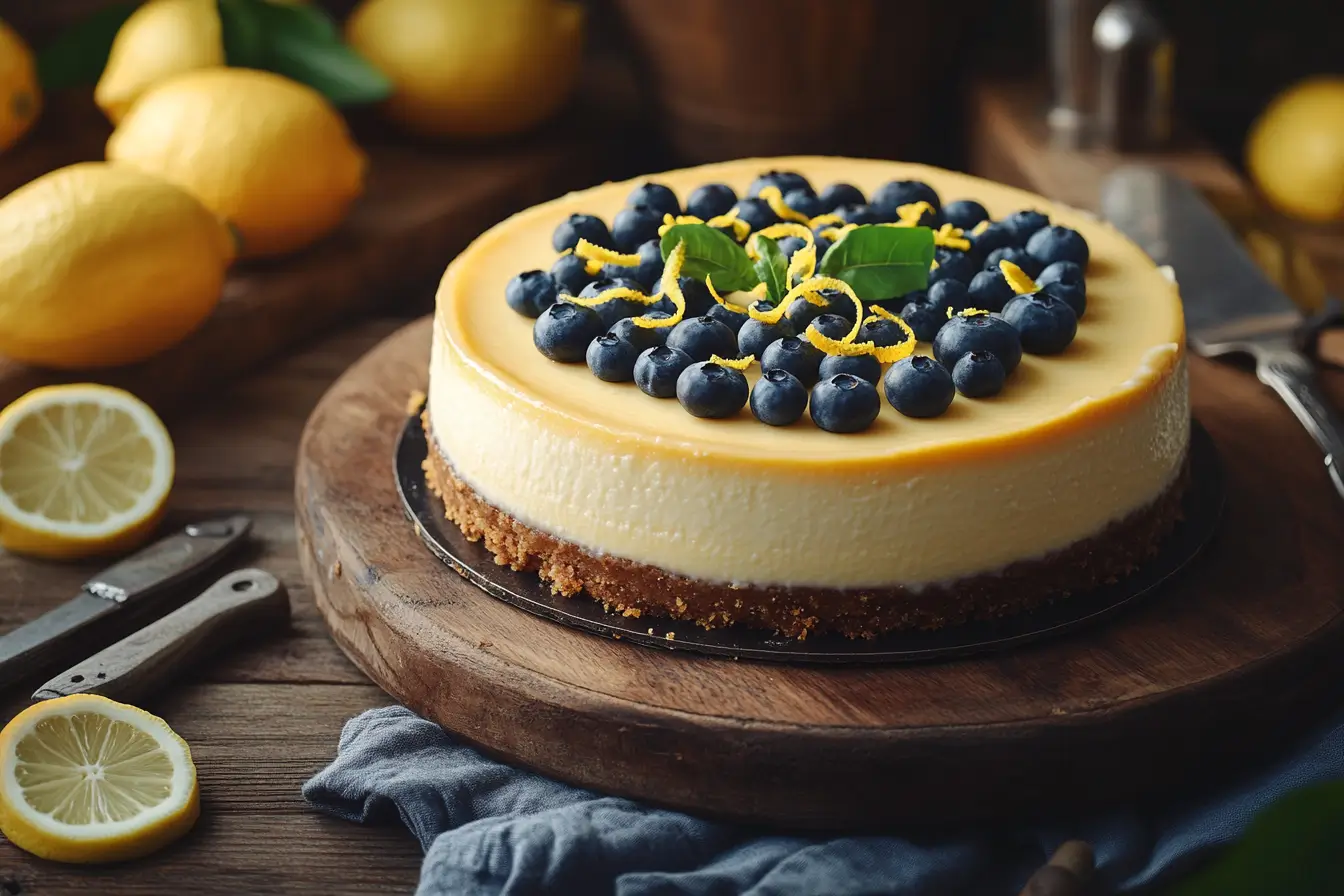 Perfectly set lemon cheesecake with lemon zest and blueberries