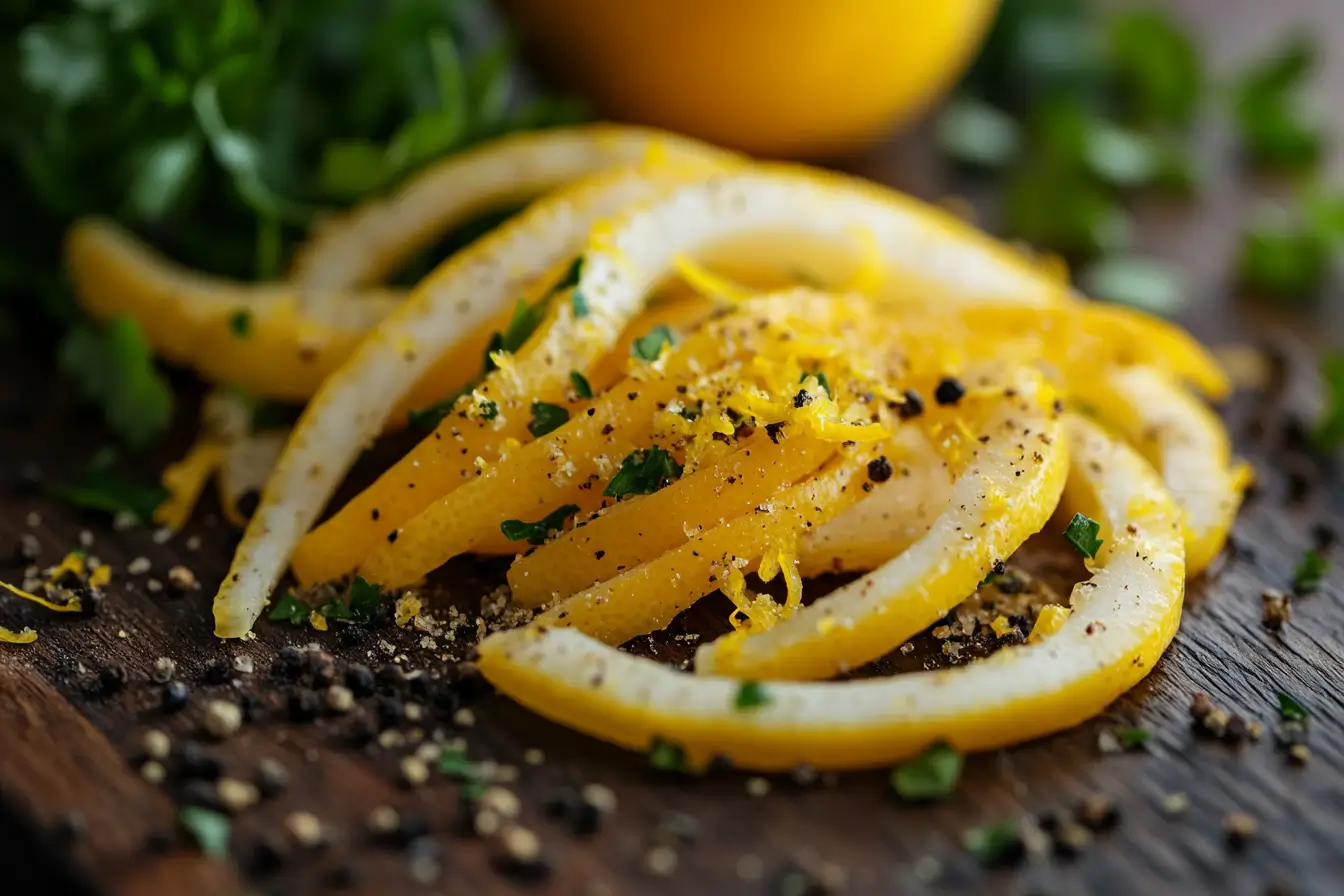 Close-up of lemon pepper seasoning with fresh lemon zest and peppercorns