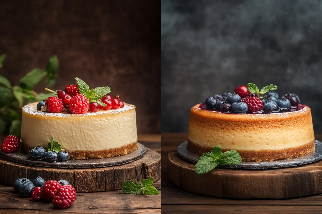 New York cheesecake and traditional cheesecake on a rustic table.