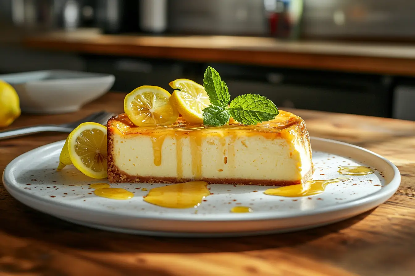 New York-style cheesecake with lemon drizzle and garnish.