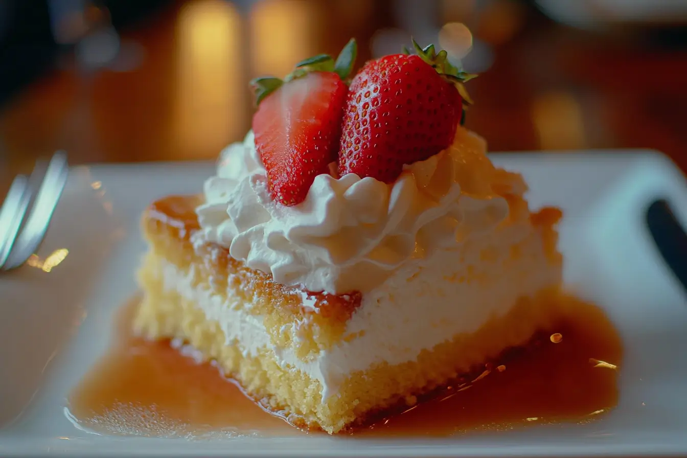 Moist tres leches cake topped with whipped cream and strawberries.