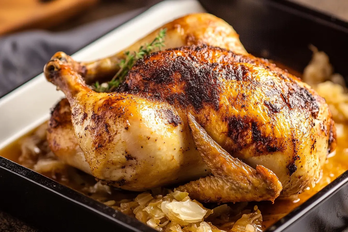Whole roasted chicken with crispy golden-brown skin on a wooden cutting board