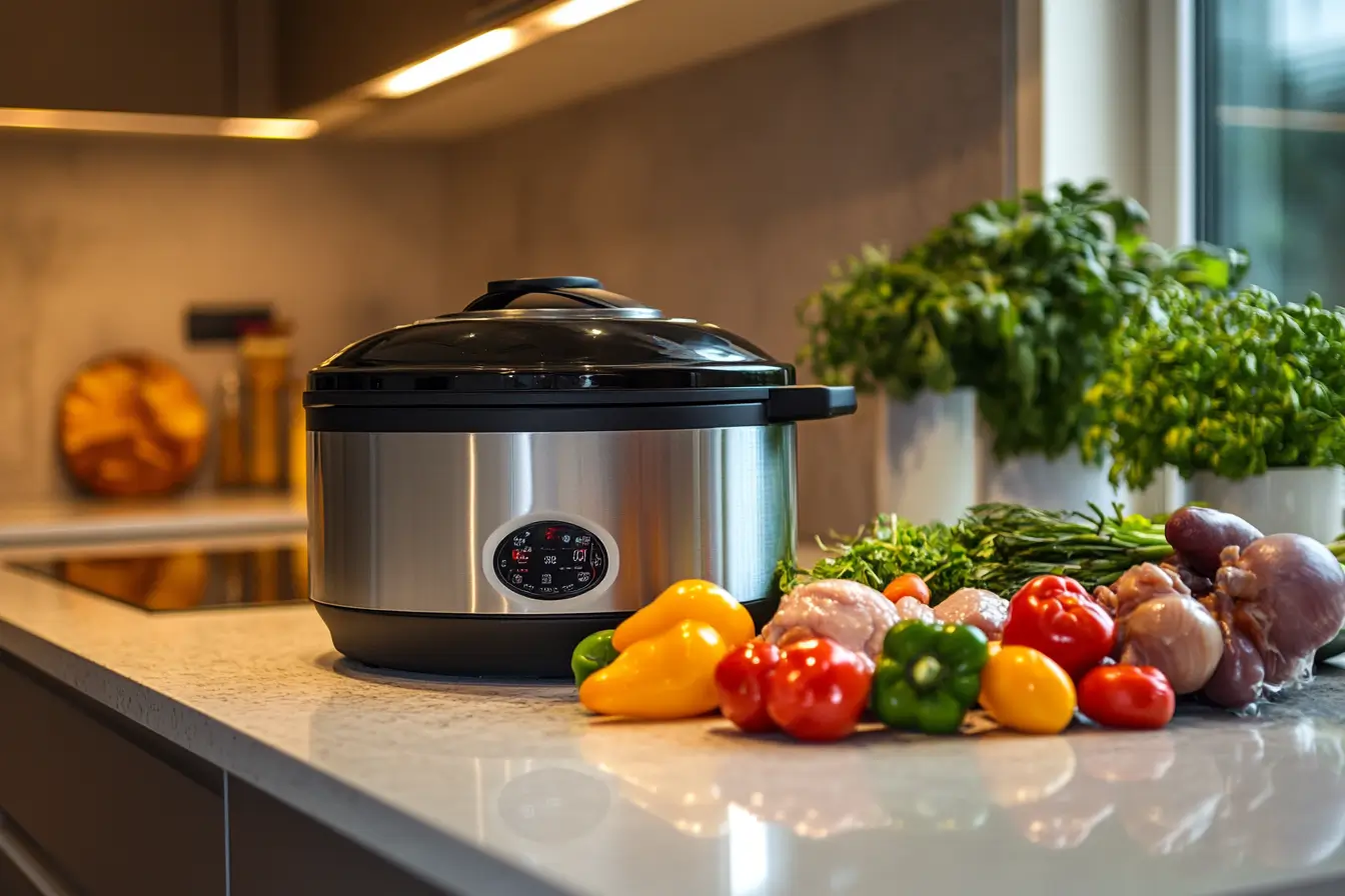 Slow cooker with raw chicken and fresh vegetables on a kitchen counter.
