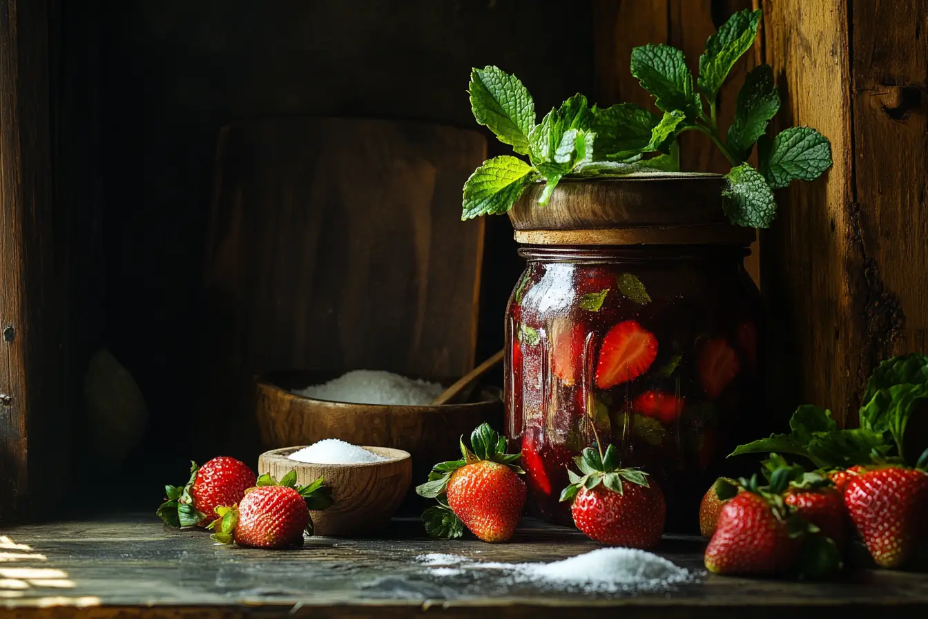 Homemade strawberry preserves in a jar surrounded by fresh strawberries and sugar.