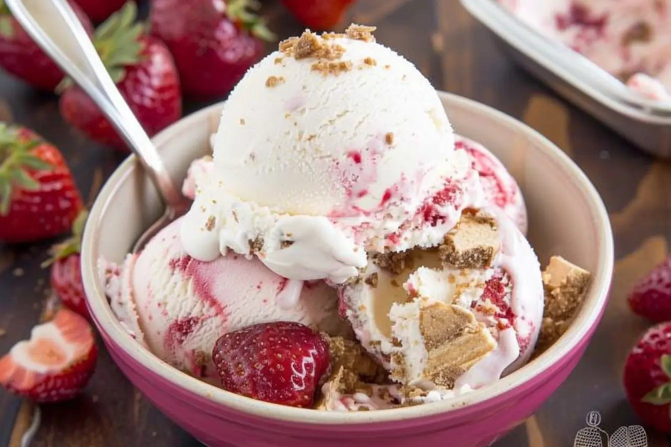 Strawberry cheesecake ice cream in a waffle cone with fresh strawberries.