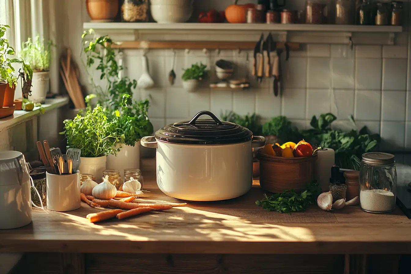 Slow cooker with cream and ingredients on a kitchen countertop.