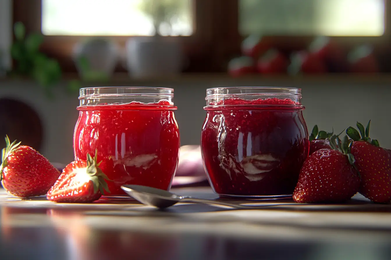 Two jars showcasing strawberry jam and strawberry preserves side by side.