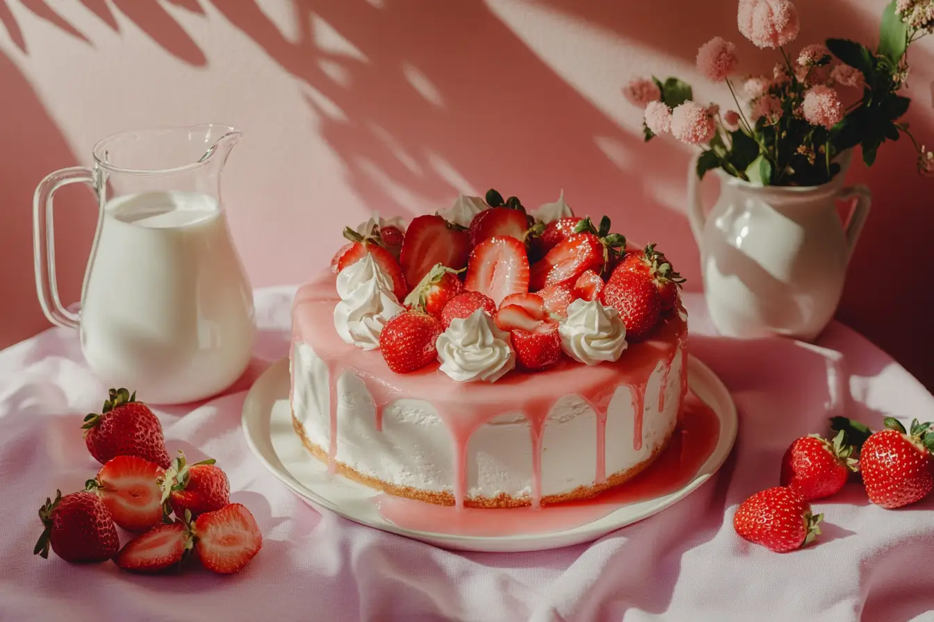 A strawberry tres leches cake topped with whipped cream and strawberries on a rustic table.