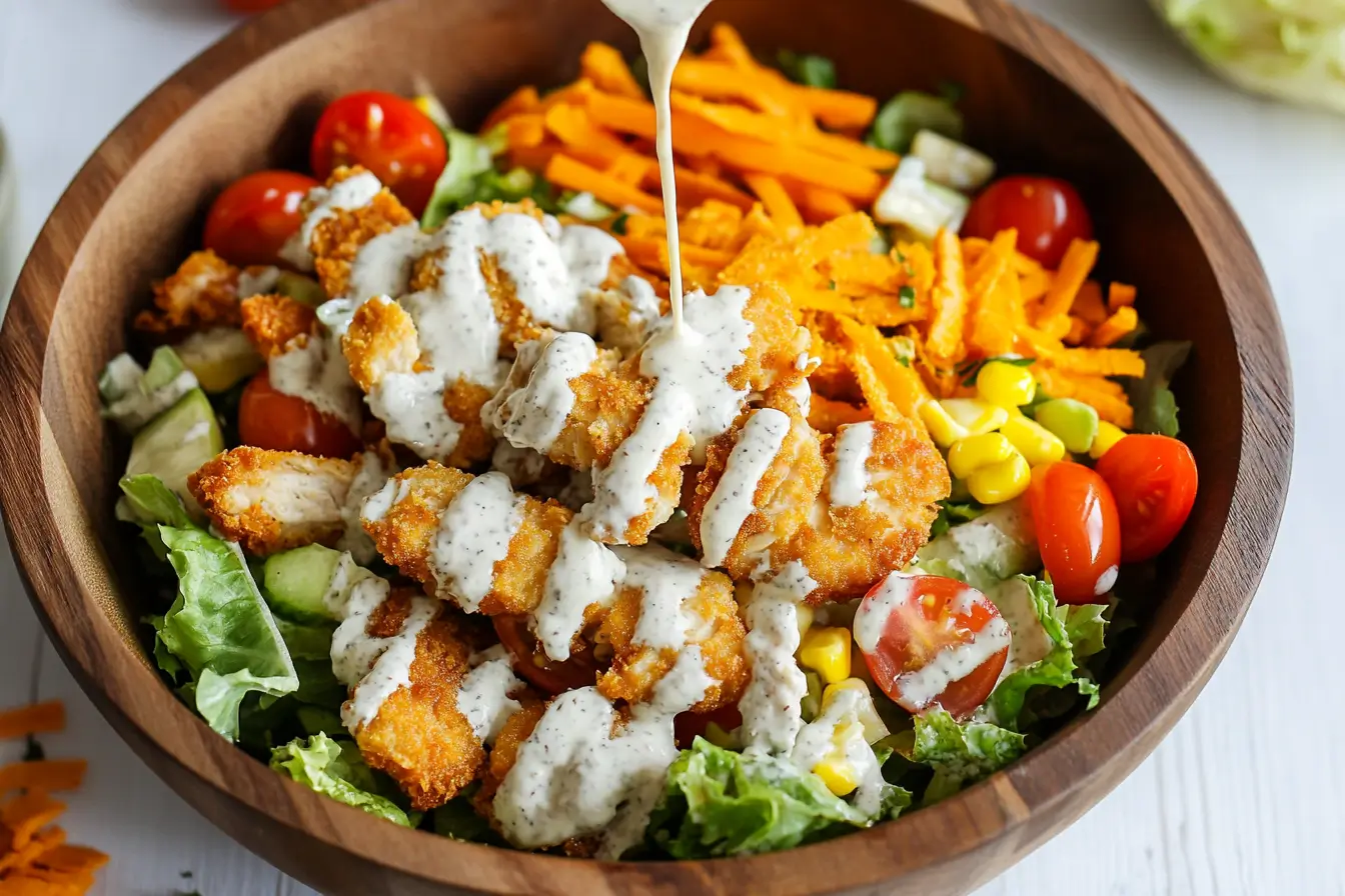 Crispy chicken salad with golden breaded chicken strips and fresh veggies.