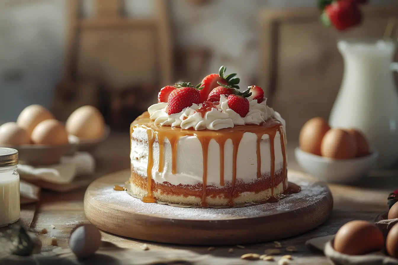 Tres leches cake with whipped cream, strawberries, and caramel drizzle