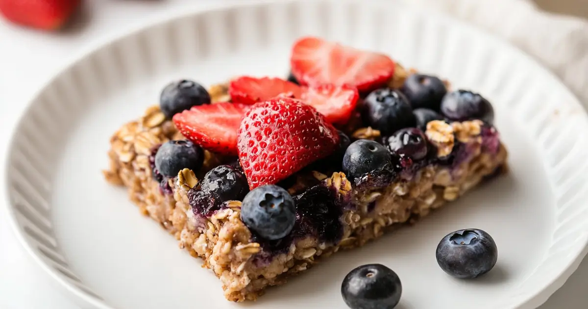 Slice of baked oatmeal with blueberries and strawberries on a plate