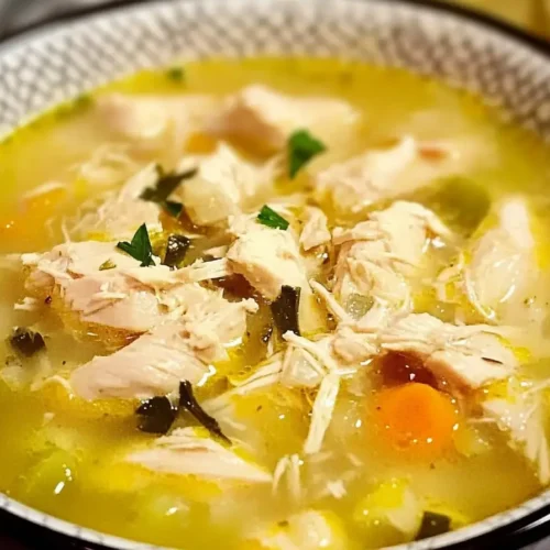 A bowl of homemade chicken drumstick soup with fresh herbs.