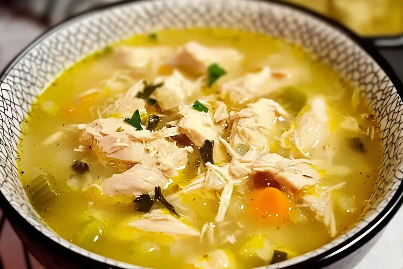 A bowl of homemade chicken drumstick soup with fresh herbs.