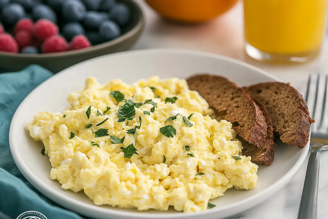 Fluffy scrambled eggs with cottage cheese served on a plate.