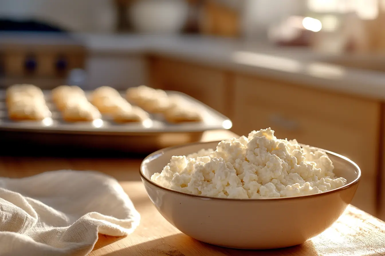 Bowl of cottage cheese on a wooden countertop with baking ingredients.