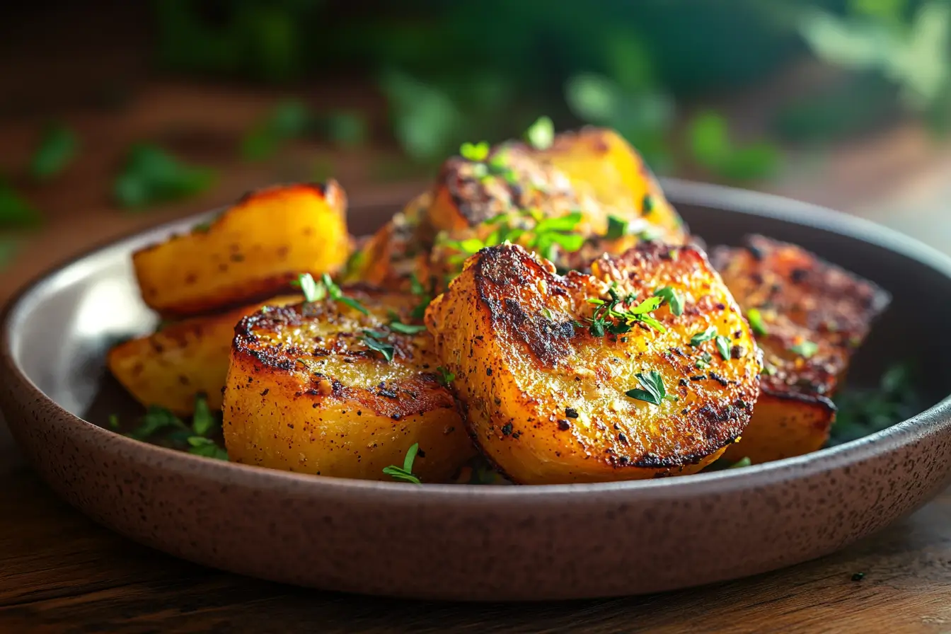 Air-fried acorn squash with crispy edges on a plate.