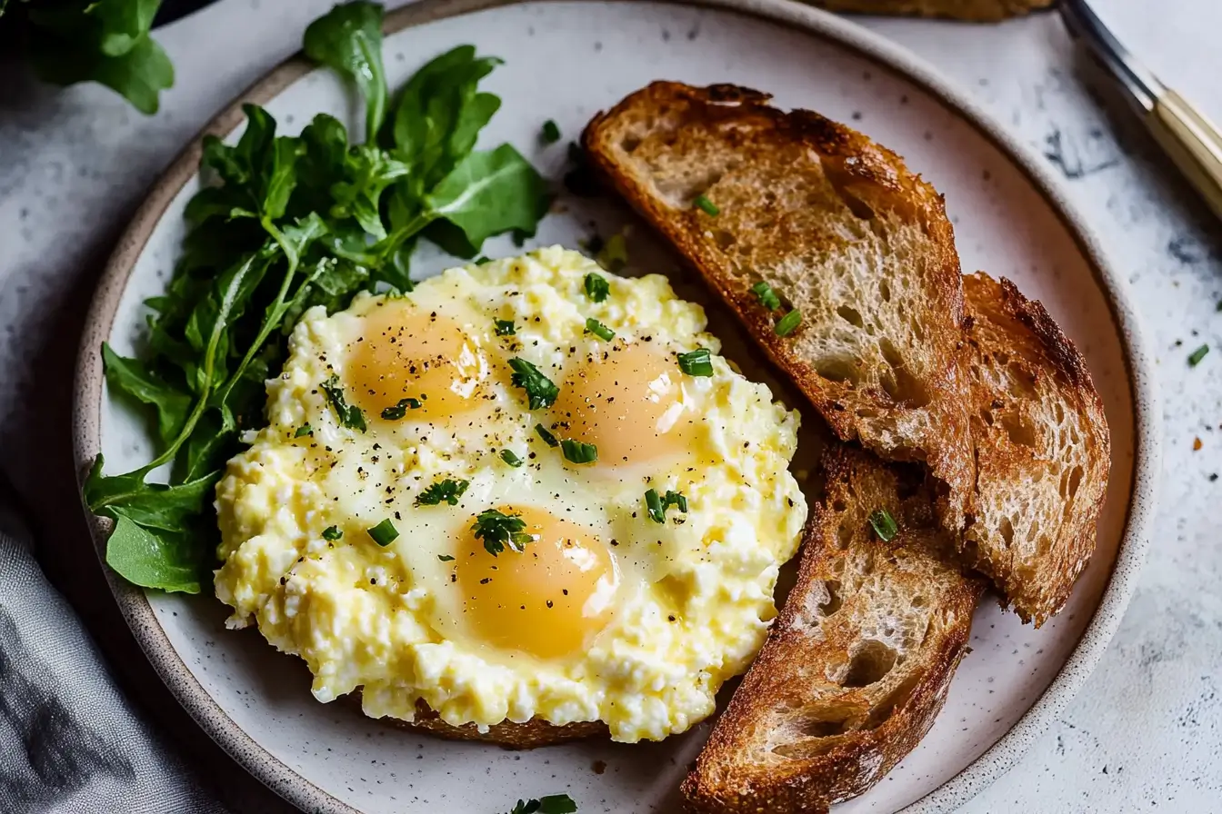 Golden brown cottage cheese egg bake on a wooden board