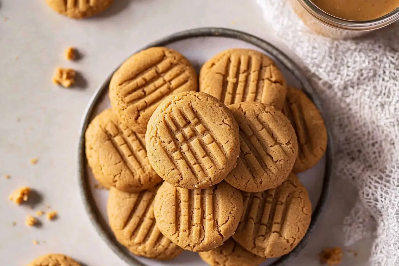 Plate of 3-ingredient peanut butter cookies No Egg with a golden brown texture.