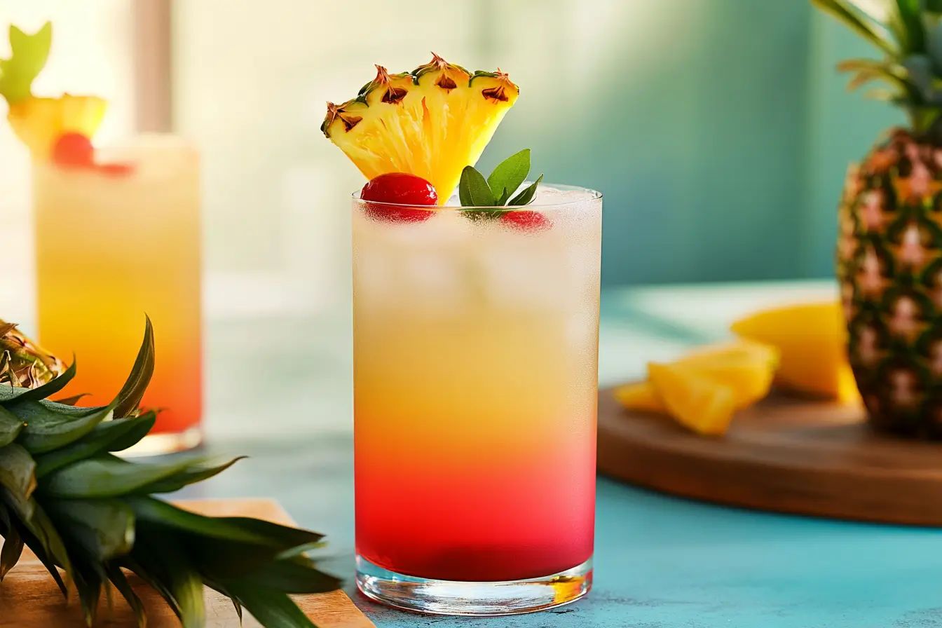 Bahama Mama cocktail on a tropical beach.