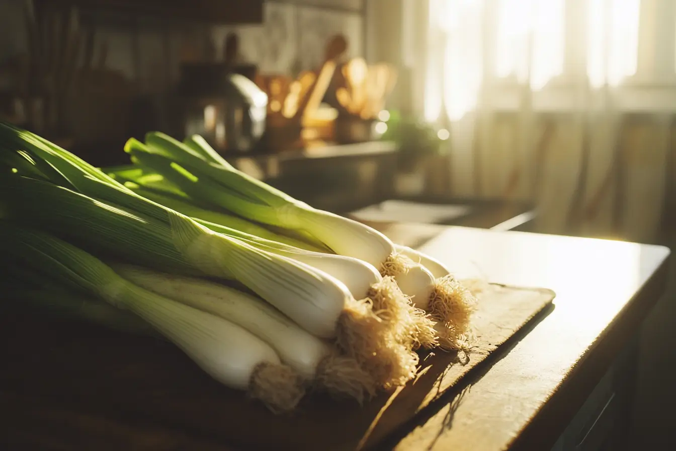 Fresh leeks on a wooden kitchen counter.