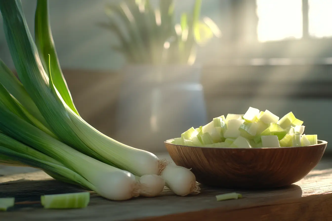 Fresh leeks on a wooden countertop, whole and sliced