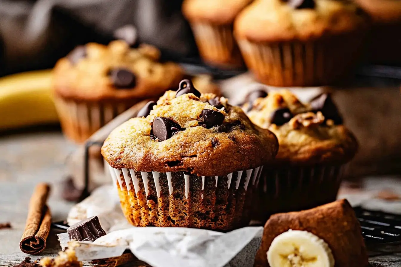Freshly baked banana muffins with nuts and chocolate chips