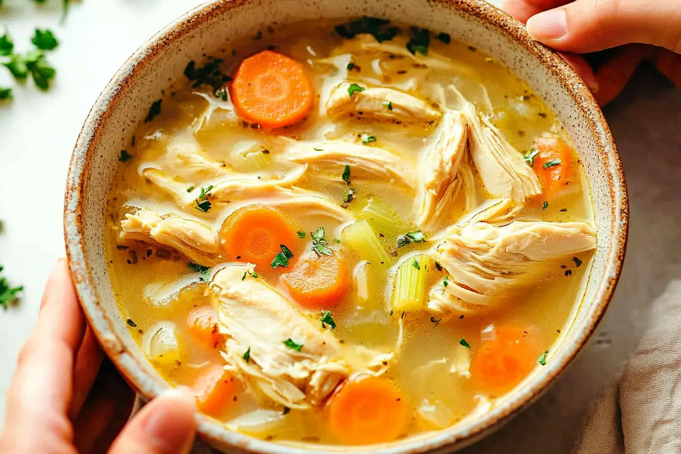 A bowl of homemade chicken drumstick soup with fresh herbs.