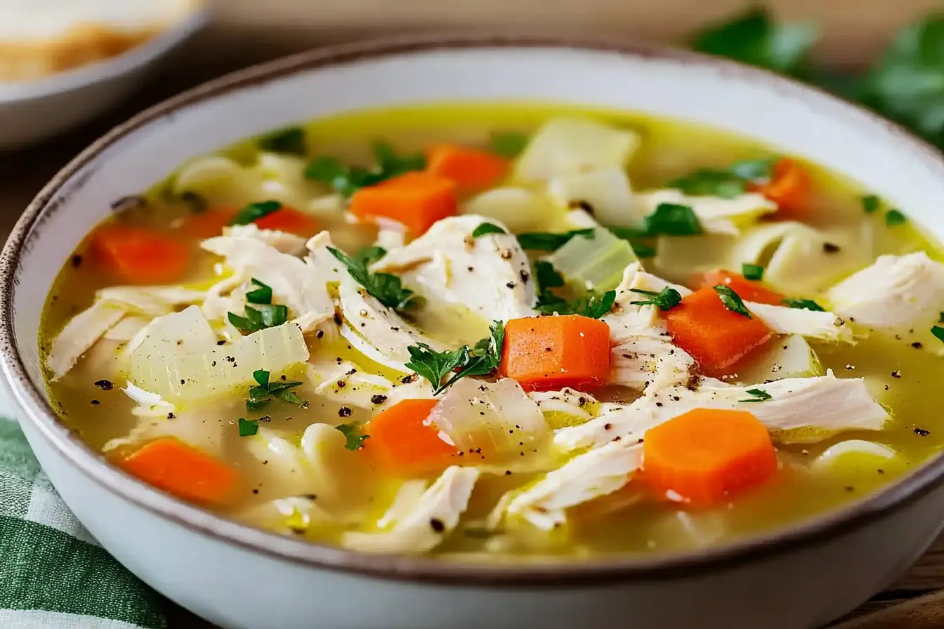 A warm bowl of homemade chicken soup with fresh herbs.