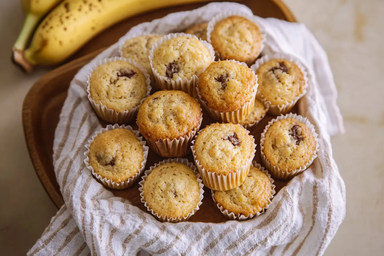 Freshly baked mini banana muffins on a wooden tray