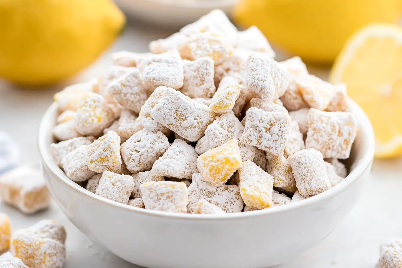 A bowl of lemon puppy chow with powdered sugar and lemon slices.