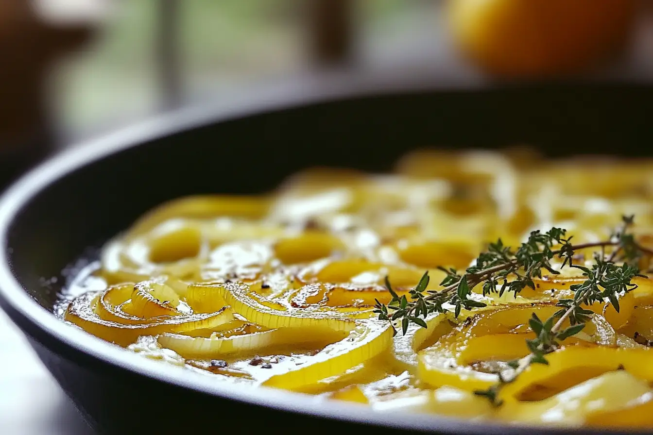 Buttery melted leeks cooking in a cast-iron skillet with fresh herbs.