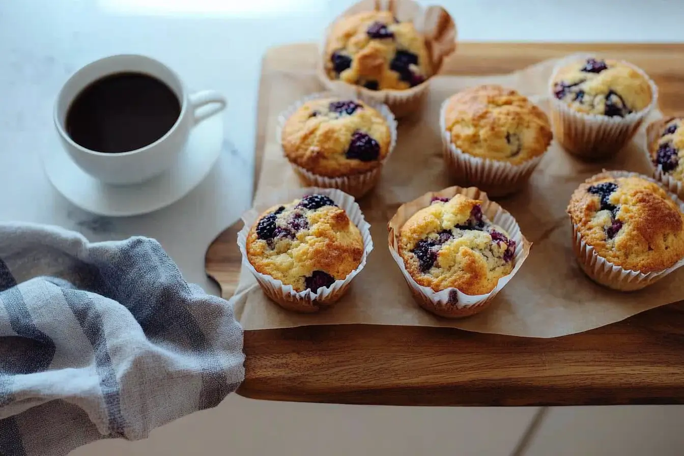 Freshly baked muffins with golden brown tops resting on a kitchen counter.