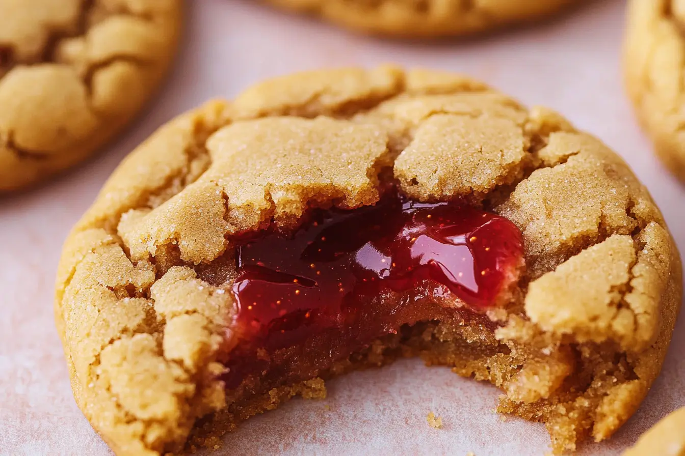 Freshly baked peanut butter and jelly cookies with a glass of milk.
